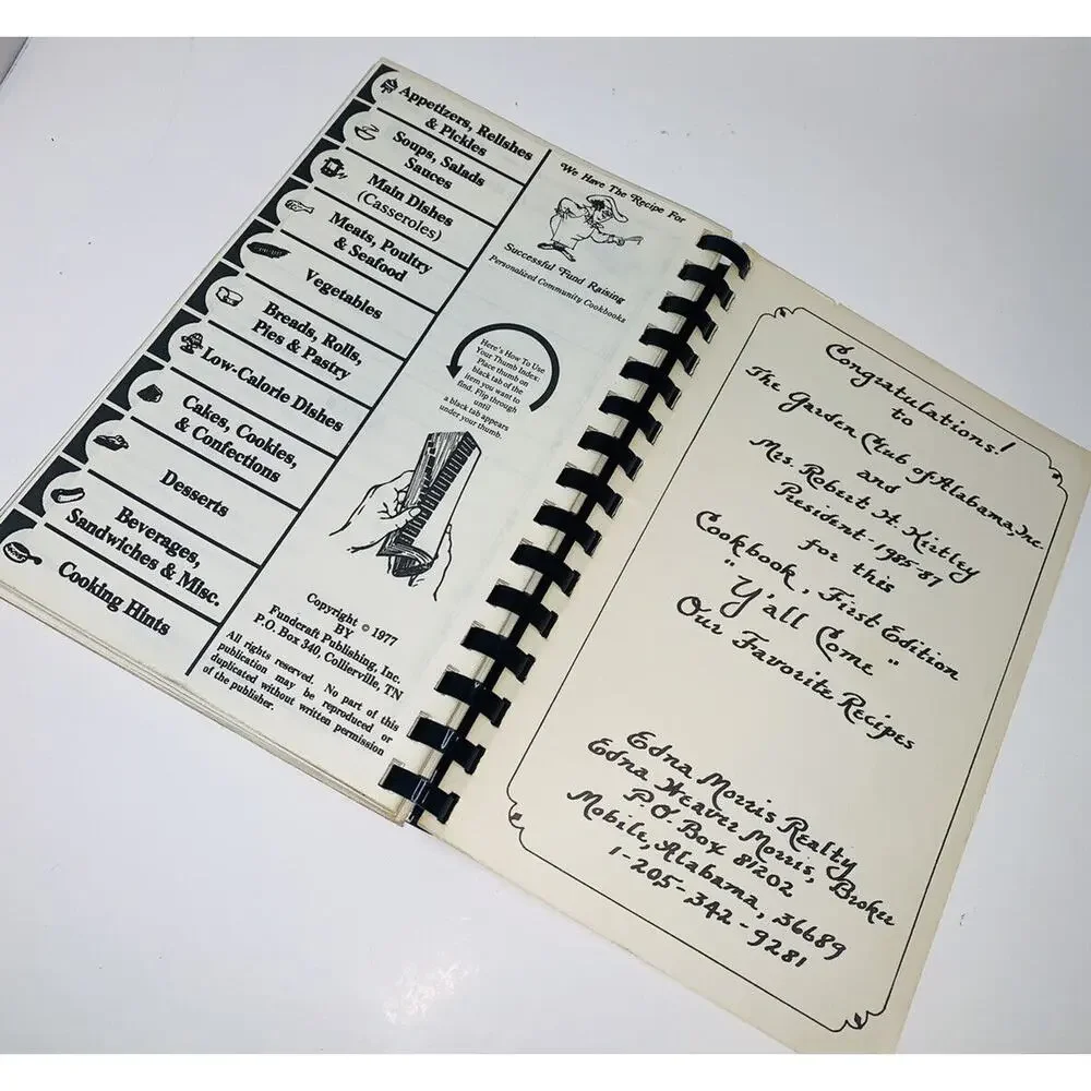 Y'all Come Garden Club of Alabama Cookbook 1st Edition 1986 8.5